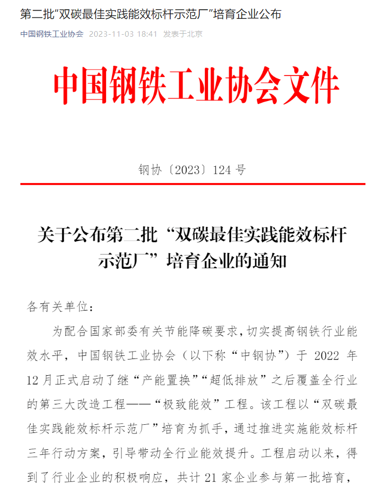 喜讯！公司被授予第二批“双碳最佳实践能效标杆示范厂”培育企业