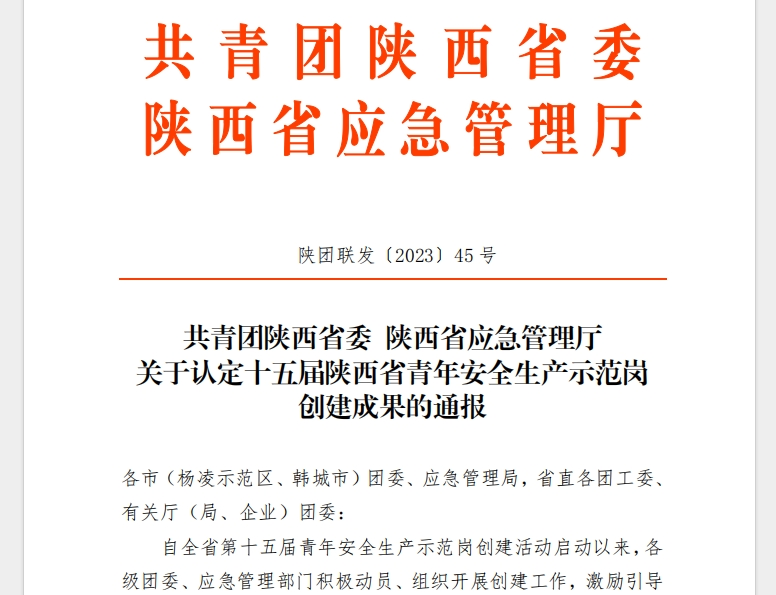 喜讯！公司计量检验中心产品检验站荣获“第十五届陕西省青年安全生产示范岗集体”称号