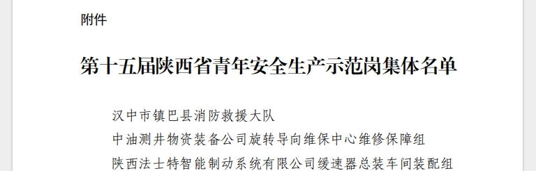 喜讯！公司计量检验中心产品检验站荣获“第十五届陕西省青年安全生产示范岗集体”称号